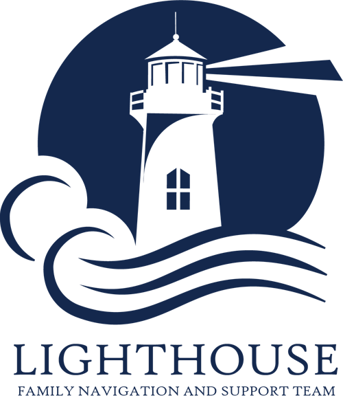 Lighthouse logo, featuring an illustration of a lighthouse and waves in navy blue