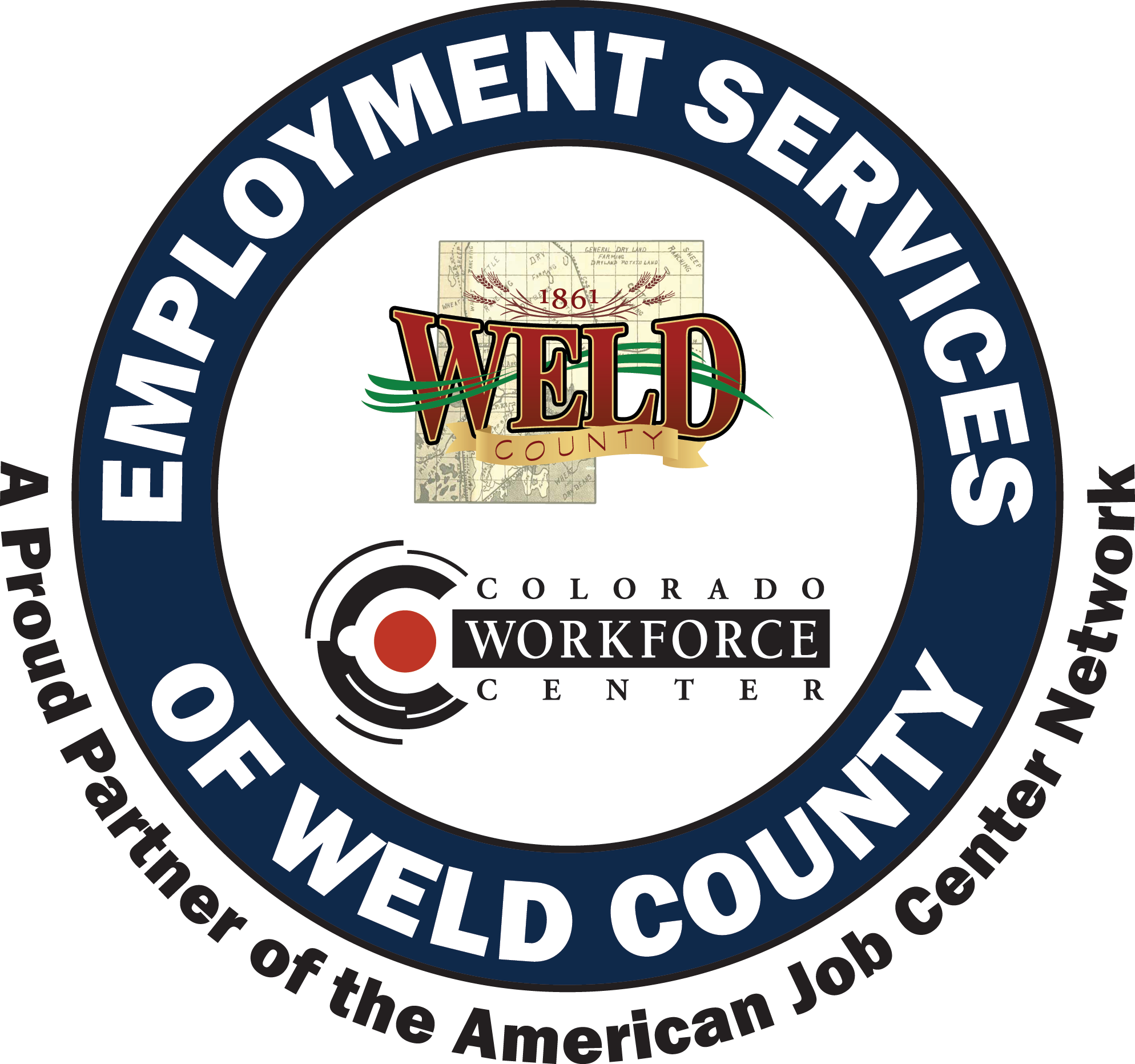 Employment Services of Weld County Logo. A proud partner of the American Job Center Network.