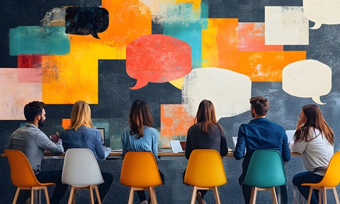 People sitting at a desk with speech bubbles above their heads.jpg