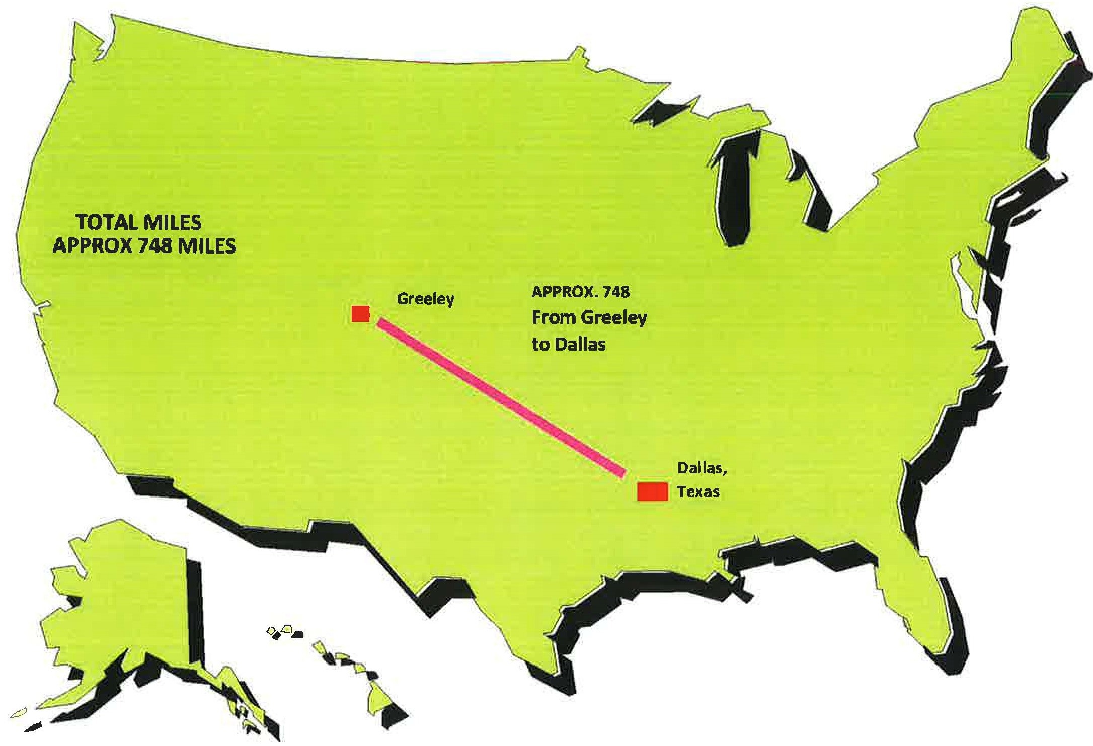 Map of U.S. showing miles from Greeley to Dallas, Texas