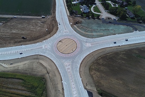 An aerial view of the roundabout at 35th Ave. and O St.