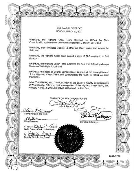 Proclamation for Highland Huskies Day 2017