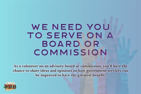 Blue gradient background. Text reads: We need you to serve on a board or commission.