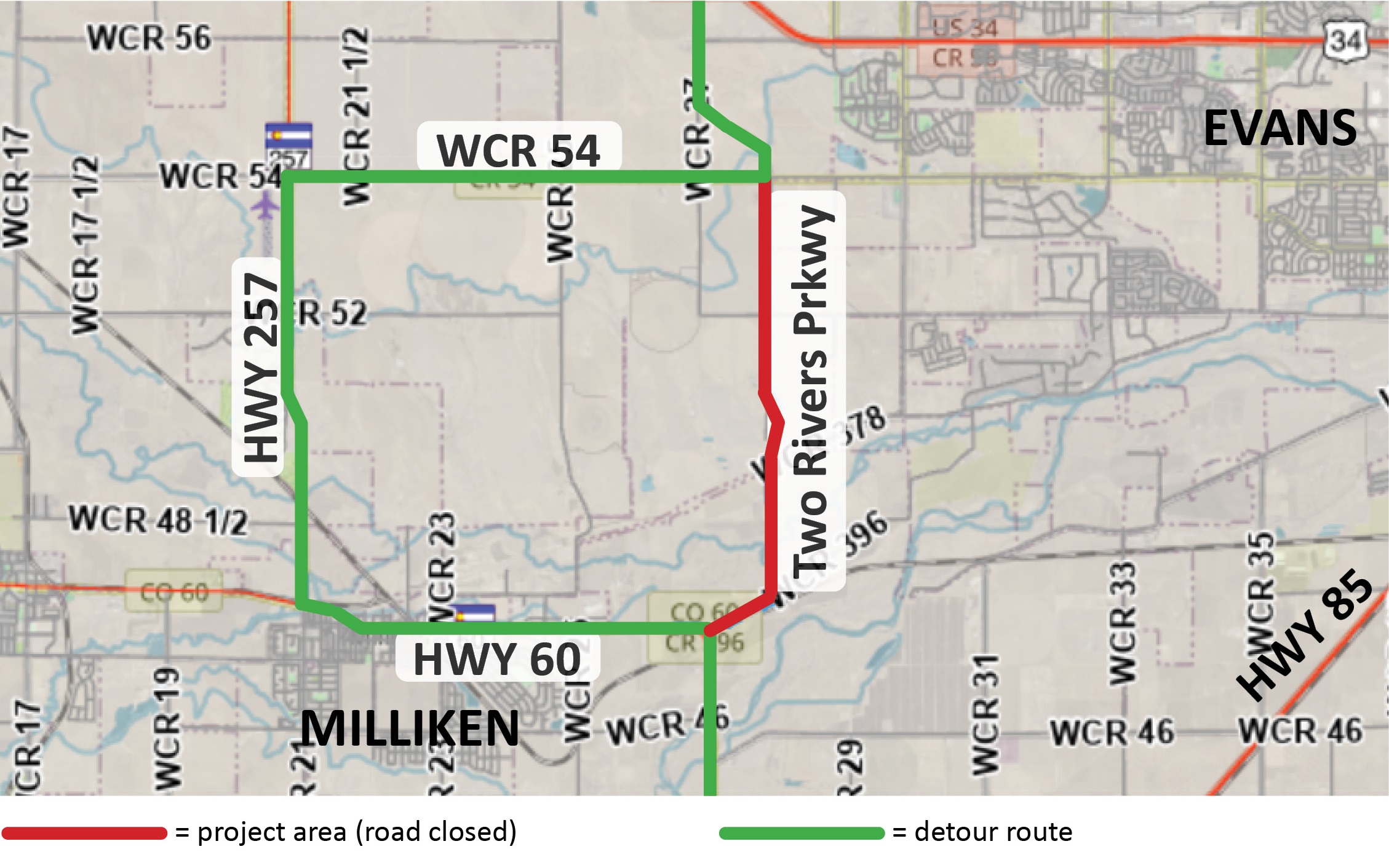 A map of detours associated with the Two Rivers Parkway Project.