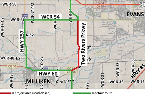 A map of associated detours for the Two Rivers Parkway closure.