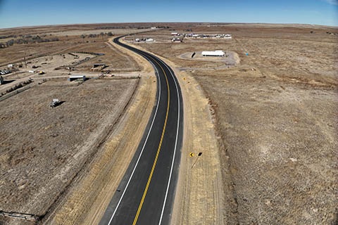 An aerial view of the portion of Weld County Road 77 rebuilt in 2023.