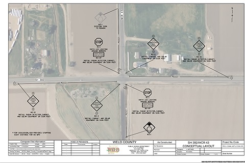 A conceptual drawing of the conflict warning system planned for the intersection of State Highway 392 and WCR 43, located east of Lucerne,