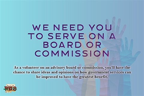 Blue background with hands raised on the right-hand side of the graphic. Text reads: We need you to serve on a board or commission.