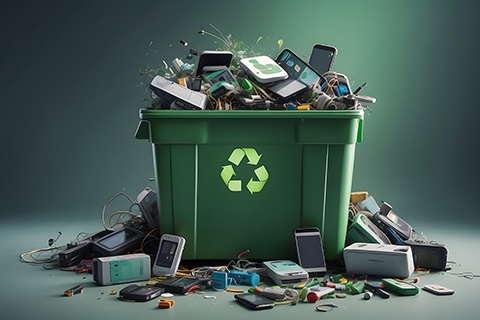 A green recycle container holding various electronics.