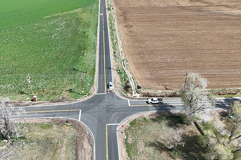 Aerial view of the intersection of Weld County Road 37 and 8 looking north