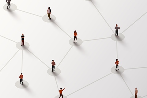 Figures of people stand in circles drawn on a white surface. Gray lines connect the circles.