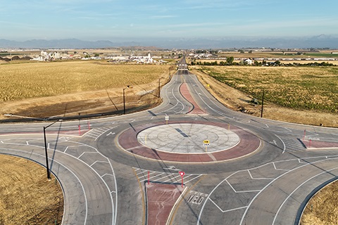 An aerial view of the roundabout at the intersection of Weld County Road 6 and 13.