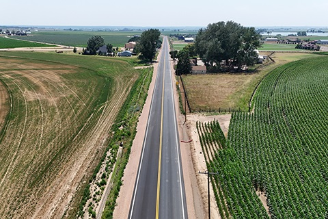 An aerial view of the repaired portion of Weld County Road 29.