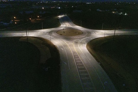 An aerial view, taken in the early morning,  of the roundabout at 35th Avenue and O Street.