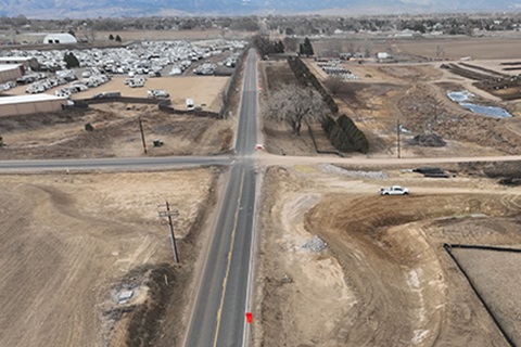 An aerial view of the intersection of Weld County Road 32 and 9.5 (High Plains Boulevard).